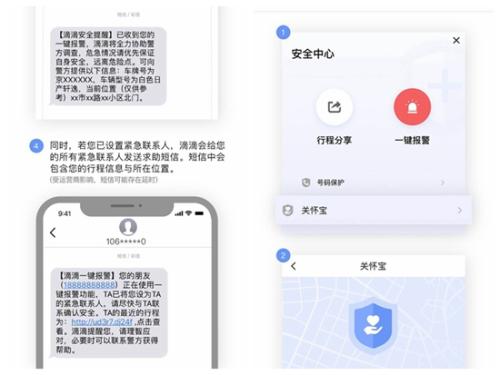 滴滴出行APP“一鍵報(bào)警”及相關(guān)短信展示。截圖