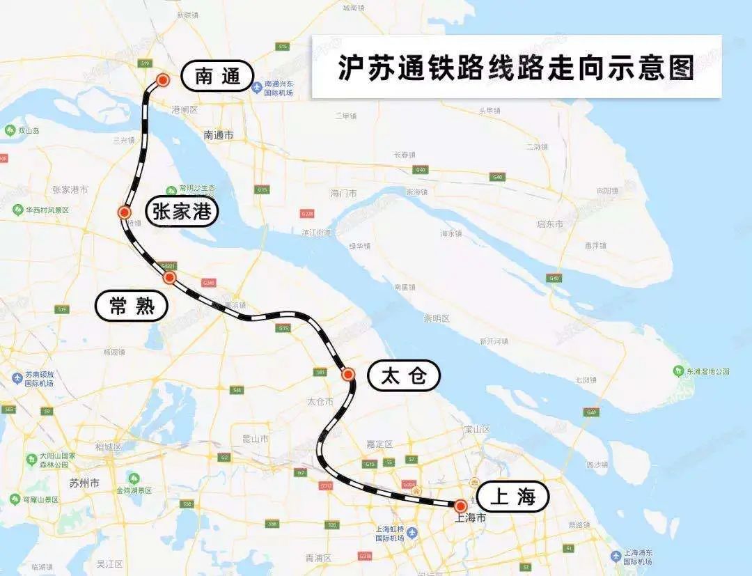 滬蘇通鐵路線路走向示意圖