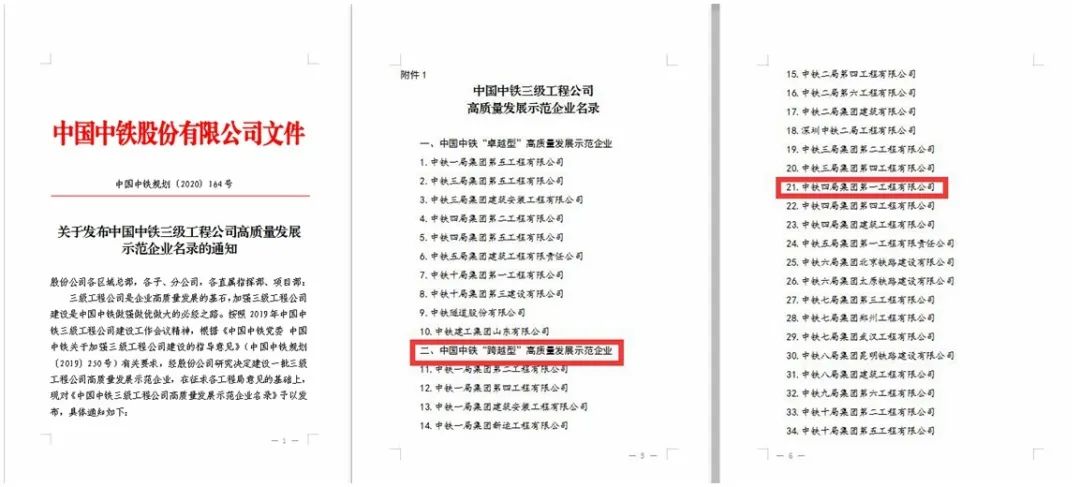 中鐵四局一公司入選中國中鐵三級工程公司“跨越型”高質量發(fā)展示范企業(yè)名錄